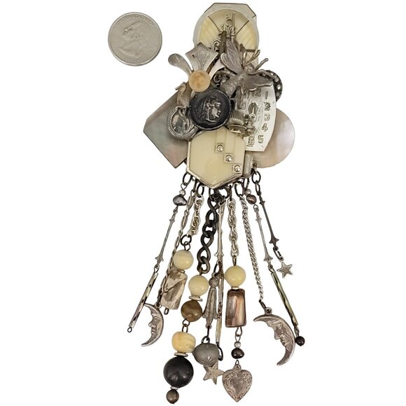 Lisa Carlson Artisan Steam Punk Multi Charm Chatelaine Brooch, Signed - Picture 2 of 6